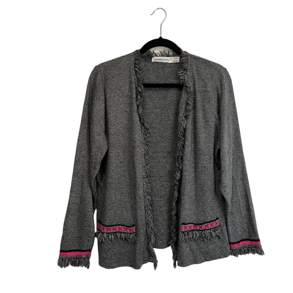 Karen Lessly Gray Black Fringe Open Front Cardigan Top Long Sleeves Women Size L